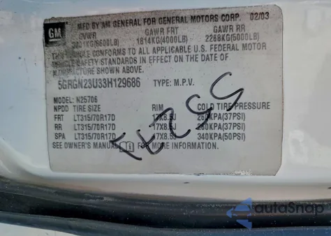 2003 Hummer H2 z USA, uszkodzony, nr VIN 5GRGN23U33H129686